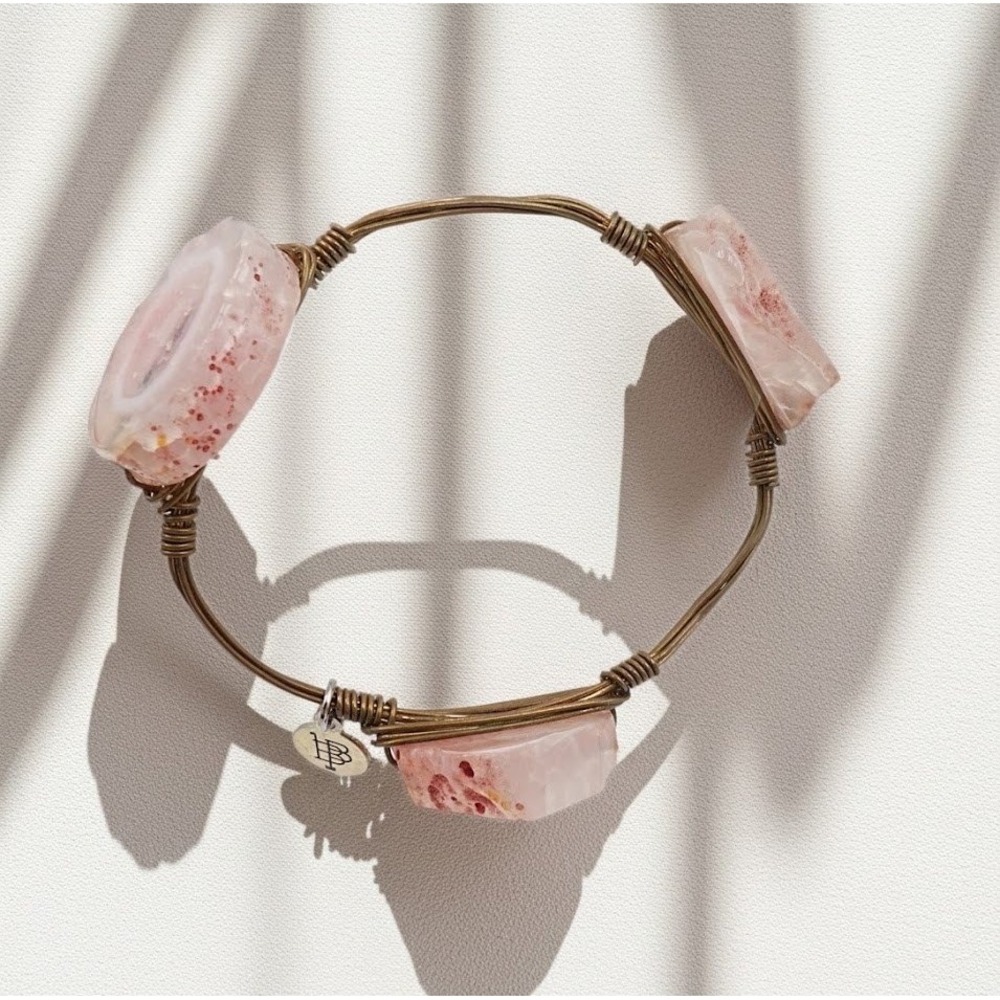 Bourbon and Boweties Wire Wrapped Bracelet Chunky Pink Stone Slice Organic